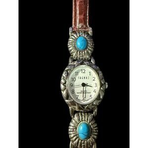 TRENDZ Women's Quartz Watch Turquoise Accent Silver Tone Brown Leather Strap